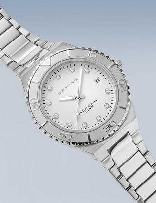 Angle shot of Bering 18936-704 Silver Stainless Steel Womens Watch on white background