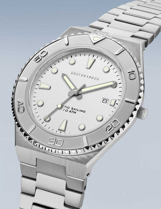 Angle shot of Bering 18940-704 White Dial Silver Stainless Steel Unisex Watch on white background