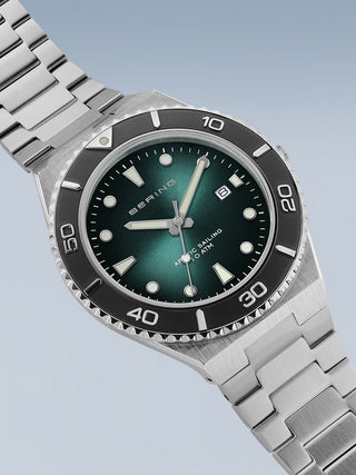 Angle shot of Bering 18940-708 Green Dial Silver Stainless Steel Unisex Watch on white background