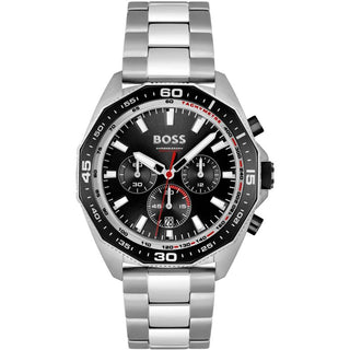 Front view of Hugo Boss Chronograph 1513971 Black Dial Stainless Steel Mens Watch on white background