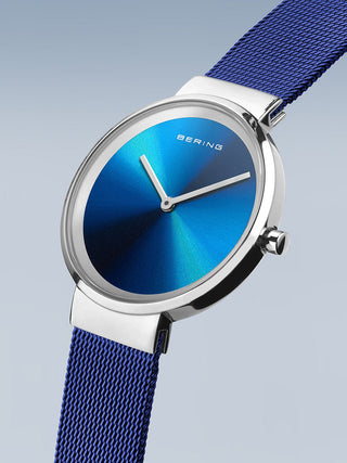 Angle shot of Bering 19031-307 Blue Stainless Steel Womens Watch on white background