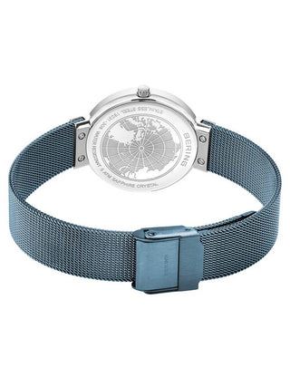 Angle shot of Bering 19031-308 Blue Stainless Steel Womens Watch on white background
