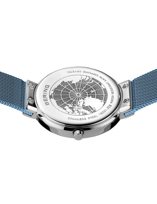 Angle shot of Bering 19031-308 Blue Stainless Steel Womens Watch on white background
