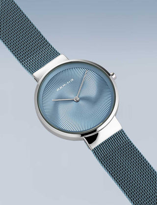 Angle shot of Bering 19031-308 Blue Stainless Steel Womens Watch on white background