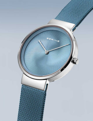 Angle shot of Bering 19031-308 Blue Stainless Steel Womens Watch on white background