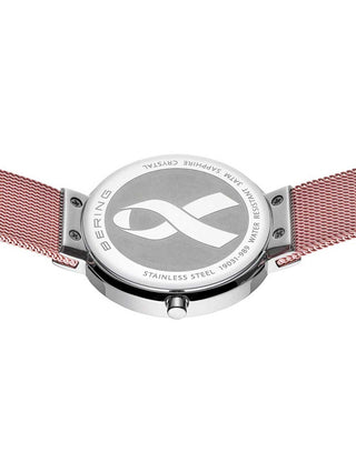 Angle shot of Bering 19031-989-GWP Pink Stainless Steel Womens Watch on white background