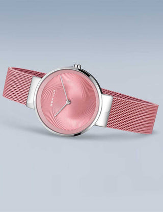 Angle shot of Bering 19031-989-GWP Pink Stainless Steel Womens Watch on white background