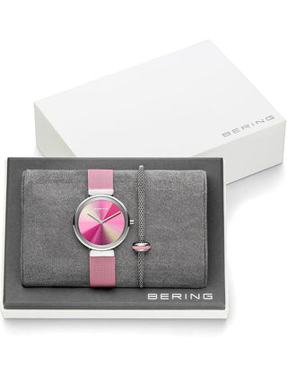 Angle shot of Bering 19031-999-GWP Pink Stainless Steel Womens Watch on white background