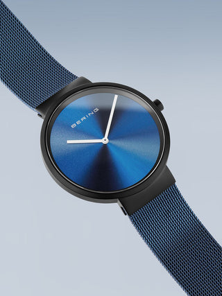 Angle shot of Bering 19039-327 Blue Stainless Steel Unisex Watch on white background