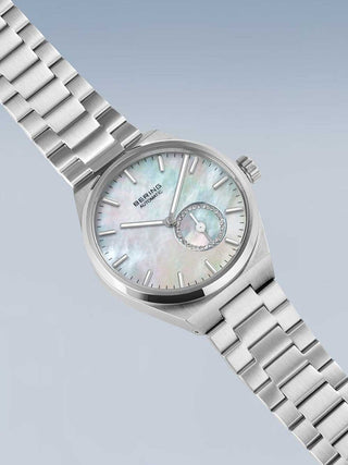 Angle shot of Bering 19435-704 Mother Of Pearl Dial Silver Stainless Steel Womens Watch on white background