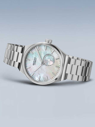 Angle shot of Bering 19435-704 Mother Of Pearl Dial Silver Stainless Steel Womens Watch on white background