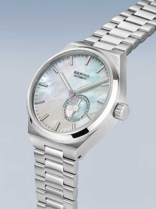 Angle shot of Bering 19435-704 Mother Of Pearl Dial Silver Stainless Steel Womens Watch on white background