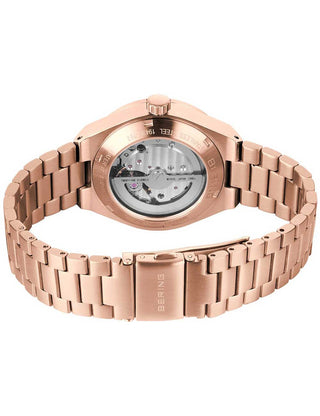 Angle shot of Bering 19435-762 Mother Of Pearl Dial Rose Gold Stainless Steel Womens Watch on white background