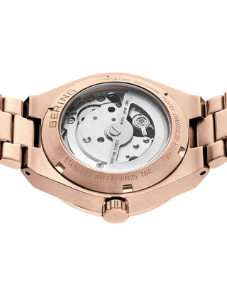 Angle shot of Bering 19435-762 Mother Of Pearl Dial Rose Gold Stainless Steel Womens Watch on white background