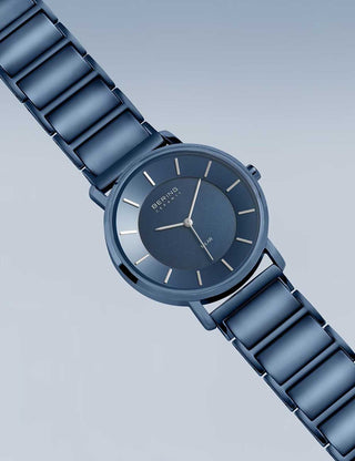 Angle shot of Bering 19535-797 Blue Stainless Steel Womens Watch on white background