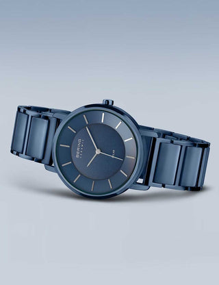 Angle shot of Bering 19535-797 Blue Stainless Steel Womens Watch on white background