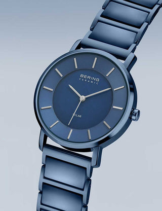 Angle shot of Bering 19535-797 Blue Stainless Steel Womens Watch on white background