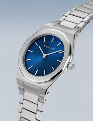 Angle shot of Bering 19632-707 Blue Dial Silver Stainless Steel Womens Watch on white background