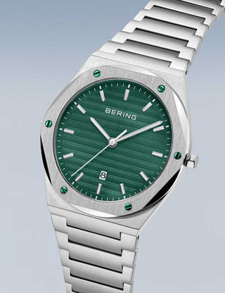 Angle shot of Bering 19742-708 Green Dial Silver Stainless Steel Unisex Watch on white background