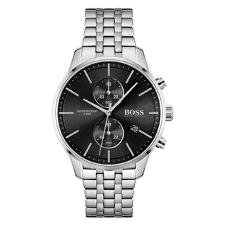 Front view of Hugo Boss Chronograph 1513869 Black Dial Stainless Steel Mens Watch on white background