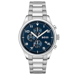 Front view of Hugo Boss Chronograph 1513989 Blue Dial Stainless Steel Mens Watch on white background