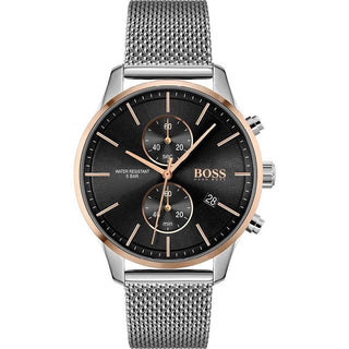 Front view of Hugo Boss Chronograph 1513805 Black Dial Stainless Steel Mens Watch on white background