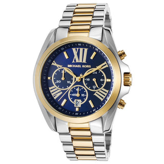 Front view of Michael Kors Bradshaw MK5976 Blue Dial Two Tone Stainless Steel Womens Watch on white background