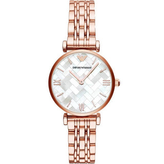 Front view of Emporio Armani AR11110 Mother Of Pearl Dial Rose Gold Stainless Steel Womens Watch on white background