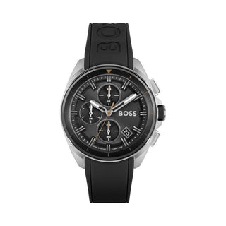 Front view of Hugo Boss Chronograph 1513953 Black Dial Silicone Mens Watch on white background