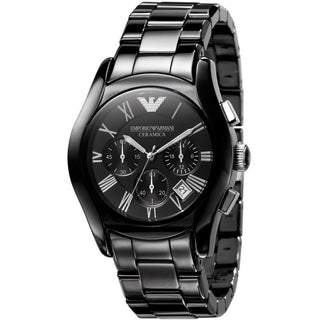 Front view of Emporio Armani Valente Chronograph AR1400 Black Ceramic Mens Watch on white background