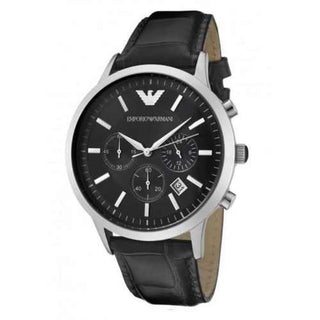 Front view of Emporio Armani Renato Chronograph AR2447 Black Leather Mens Watch on white background