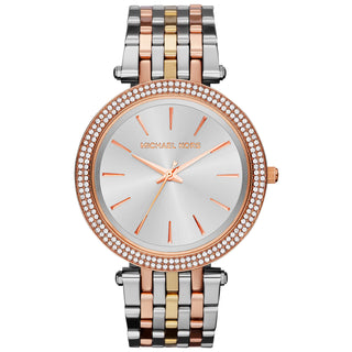 Front view of Michael Kors Darci MK3203 Silver Dial Multicolour Stainless Steel Womens Watch on white background