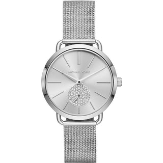 Front view of Michael Kors Portia MK3843 White Dial Silver Stainless Steel Womens Watch on white background