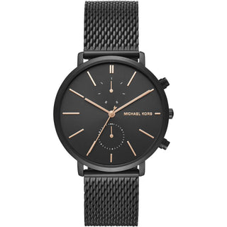 Front view of Michael Kors Jaryn MK8504 Black Stainless Steel Mens Watch on white background