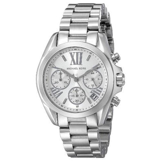 Front view of Michael Kors Bradshaw MK6174 Silver Stainless Steel Womens Watch on white background