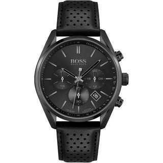 Front view of Hugo Boss Chronograph 1513880 Black Leather Mens Watch on white background