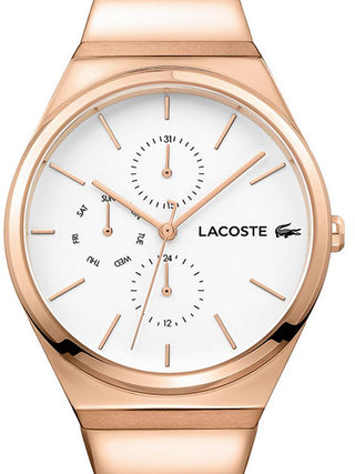 Front view of Lacoste 2001036 White Dial Rose Gold Stainless Steel Womens Watch on white background