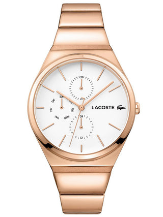 Angle shot of Lacoste 2001036 White Dial Rose Gold Stainless Steel Womens Watch on white background