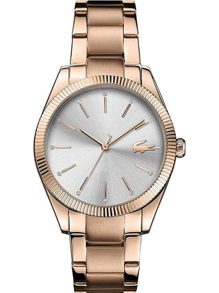 Front view of Lacoste 2001160 Silver Dial Rose Gold Stainless Steel Womens Watch on white background