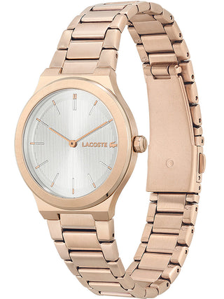 Angle shot of Lacoste 2001180 Silver Dial Rose Gold Stainless Steel Womens Watch on white background