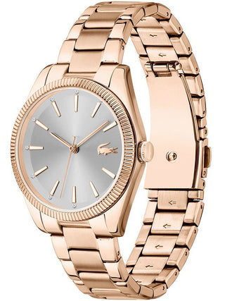 Angle shot of Lacoste 2001242 Grey Dial Rose Gold Stainless Steel Womens Watch on white background