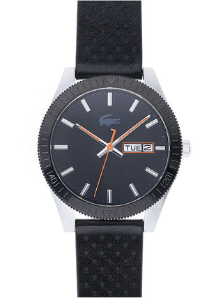 Front view of Lacoste 2010982 Black Leather Unisex Watch on white background