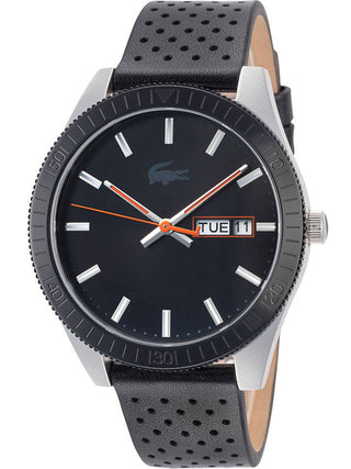 Angle shot of Lacoste 2010982 Black Leather Unisex Watch on white background