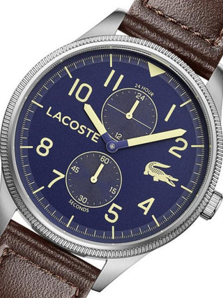 Angle shot of Lacoste 2011040 Blue Dial Brown Leather Unisex Watch on white background