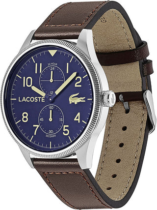 Angle shot of Lacoste 2011040 Blue Dial Brown Leather Unisex Watch on white background