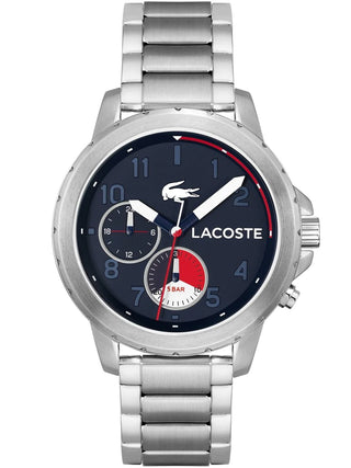 Front view of Lacoste Chronograph 2011208 Blue Dial Silver Stainless Steel Unisex Watch on white background