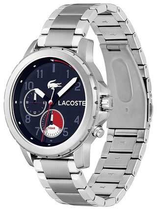 Angle shot of Lacoste Chronograph 2011208 Blue Dial Silver Stainless Steel Unisex Watch on white background