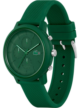 Angle shot of Lacoste Chronograph 2011245 Green Silicone Unisex Watch on white background
