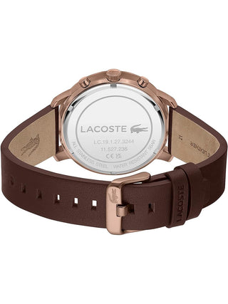 Angle shot of Lacoste Chronograph 2011257 Grey Dial Brown Leather Unisex Watch on white background