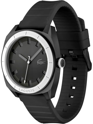 Angle shot of Lacoste 2011259 Black Silicone Unisex Watch on white background